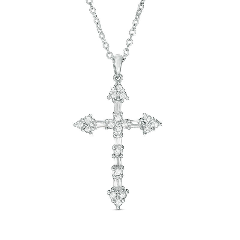 Main Image 1 of Baguette Cubic Zirconia and Round Crystal Gothic-Style Cross Pendant in Brass with White Rhodium