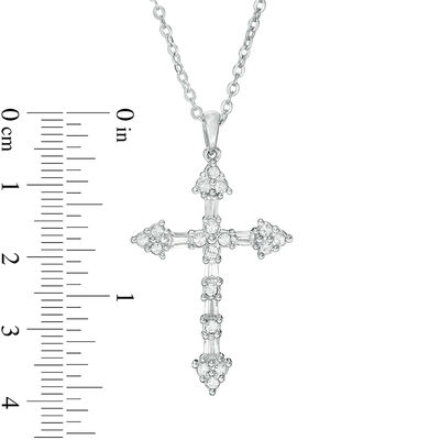 Baguette Cubic Zirconia and Round Crystal Gothic-Style Cross Pendant in Brass with White Rhodium