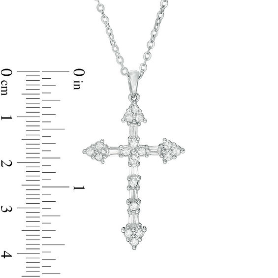 Baguette Cubic Zirconia and Round Crystal Gothic-Style Cross Pendant in Brass with White Rhodium