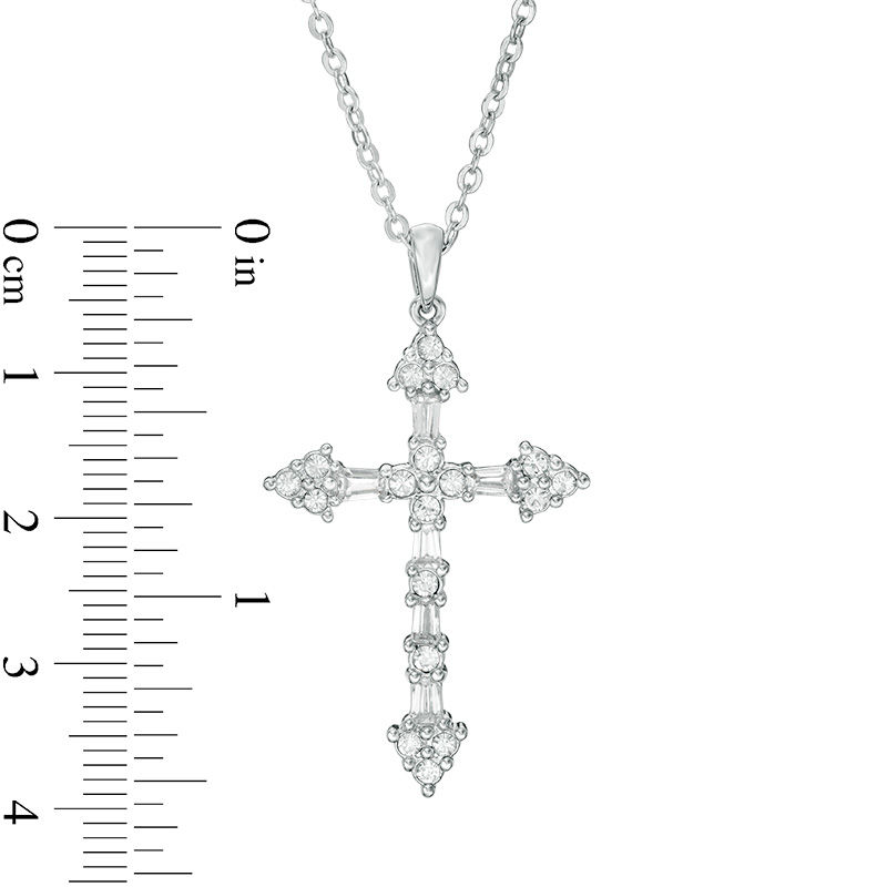 Main Image 2 of Baguette Cubic Zirconia and Round Crystal Gothic-Style Cross Pendant in Brass with White Rhodium
