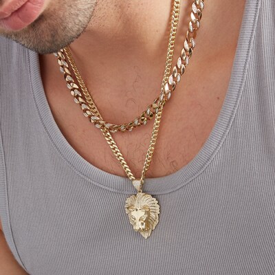 Cubic Zirconia Lion Head Necklace Charm in 10K Solid Gold