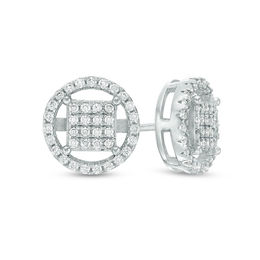 Cubic Zirconia Square Composite Circle Frame Stud Earrings in Sterling Silver