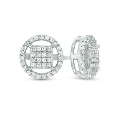 Cubic Zirconia Square Composite Circle Frame Stud Earrings in Sterling Silver