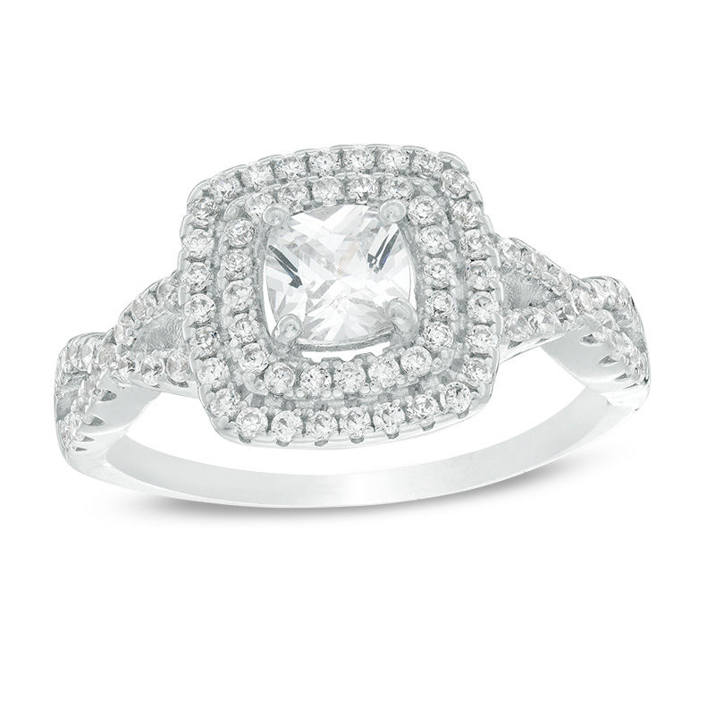 Main Image 1 of 5mm Cushion-Cut Cubic Zirconia Double Frame Infinity Shank Engagement Ring in Sterling Silver - Size 7