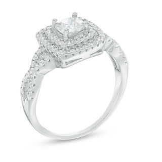 5mm Cushion-Cut Cubic Zirconia Double Frame Infinity Shank Engagement Ring in Sterling Silver - Size 7