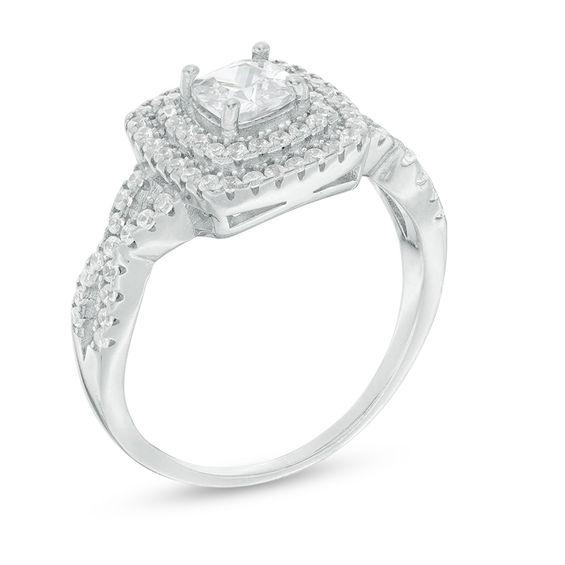 5mm Cushion-Cut Cubic Zirconia Double Frame Infinity Shank Engagement Ring in Sterling Silver - Size 7