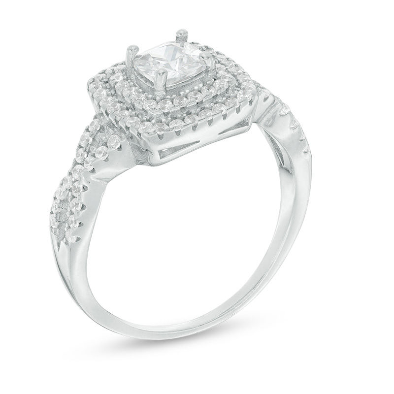 Main Image 2 of 5mm Cushion-Cut Cubic Zirconia Double Frame Infinity Shank Engagement Ring in Sterling Silver - Size 7