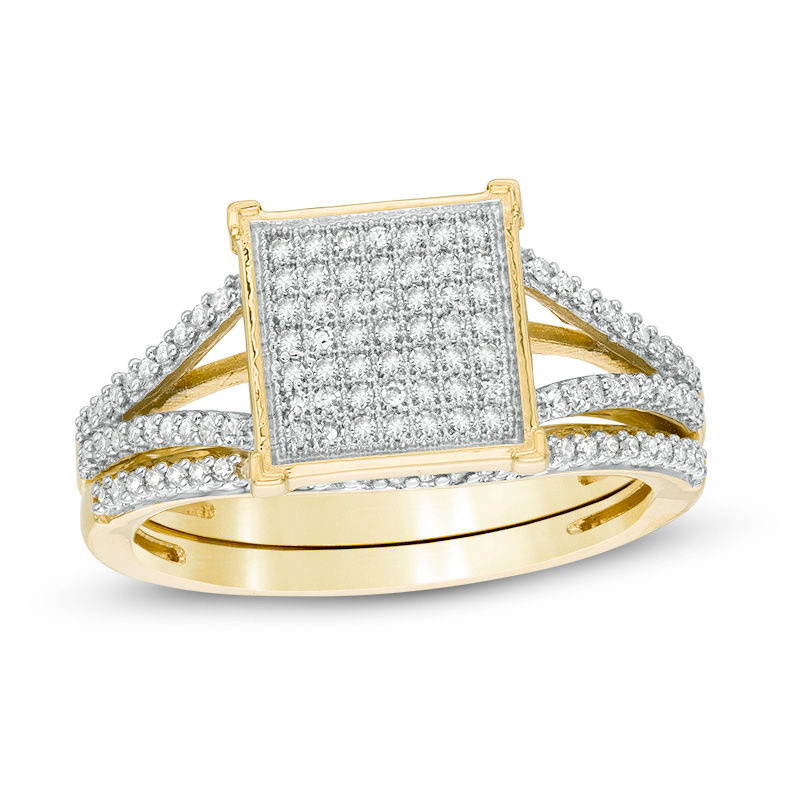 1/3 CT. T.W. Diamond Square Composite Split Shank Bridal Set in 10K Gold - Size 7