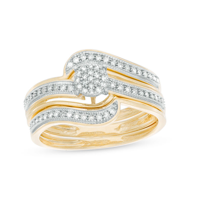 1/4 CT. T.W. Composite Diamond Swirl Vintage-Style Three Piece Bridal Set in 10K Gold - Size 7