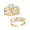Thumbnail Image 0 of 1/10 CT. T.W. Diamond Square Composite Wedding Ensemble in 10K Gold - Size 7 and 10.5