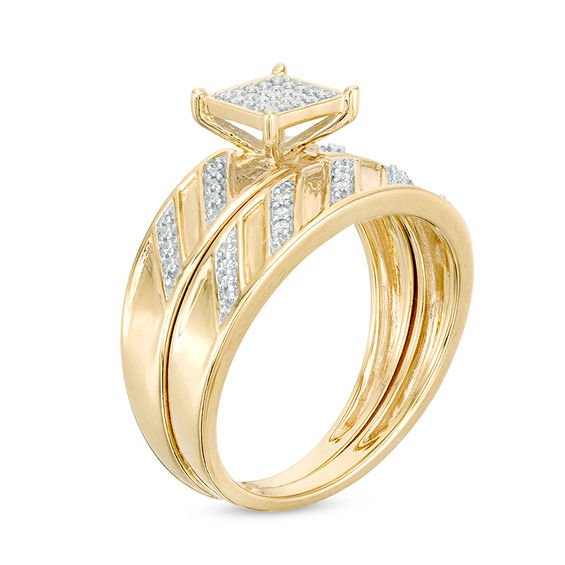 1/10 CT. T.W. Diamond Square Composite Wedding Ensemble in 10K Gold - Size 7 and 10.5