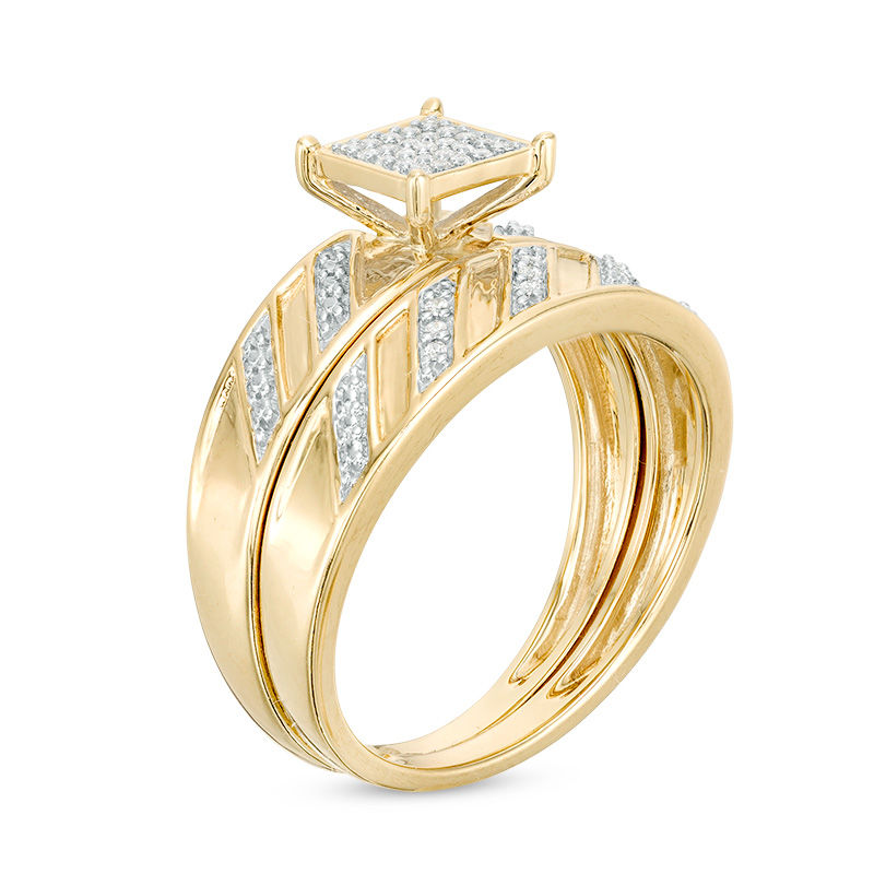 1/10 CT. T.W. Diamond Square Composite Wedding Ensemble in 10K Gold - Size 7 and 10.5