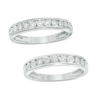 1/4 CT. T.W. Diamond Wedding Ensemble in Sterling Silver - Size 7 and 10.5