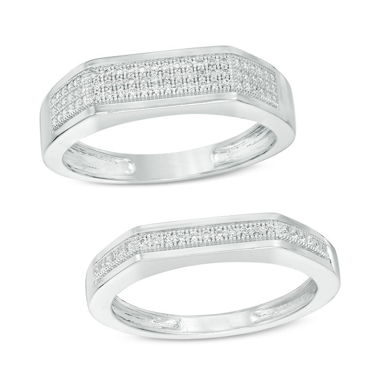 Main Image 1 of 1/4 CT. T.W. Diamond Geometric Vintage-Style Wedding Ensemble in Sterling Silver - Size 7 and 10.5