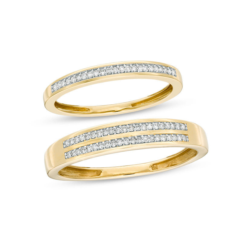 1/5 CT. T.W. Diamond Row Wedding Band Ensemble in 10K Gold - Size 7 and 10.5