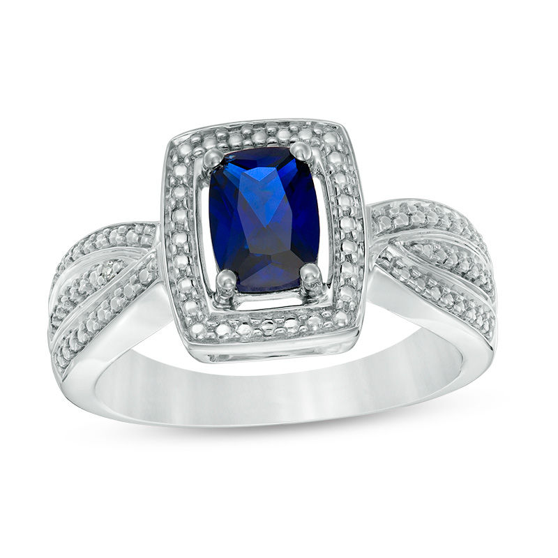 Cushion-Cut Lab-Created Blue Sapphire and Diamond Accent Bead Frame Triple Row Ring in Sterling Silver - Size 7