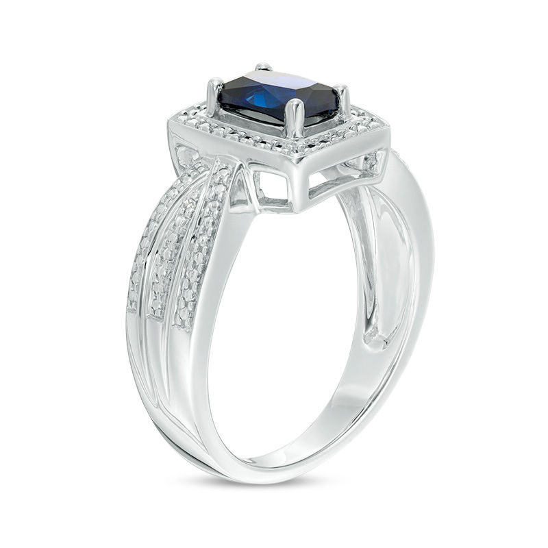 Cushion-Cut Lab-Created Blue Sapphire and Diamond Accent Bead Frame Triple Row Ring in Sterling Silver - Size 7