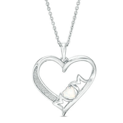 4mm Lab-Created Opal "MOM" and Glitter Enamel Heart Pendant in Sterling Silver