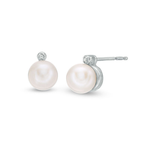 6mm Cultured Freshwater Pearl and Diamond Accent Stud Earrings in Sterling Silver