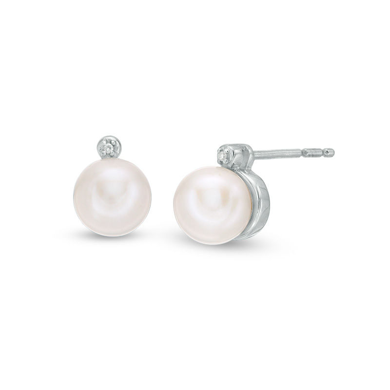 6mm Cultured Freshwater Pearl and Diamond Accent Stud Earrings in Sterling Silver