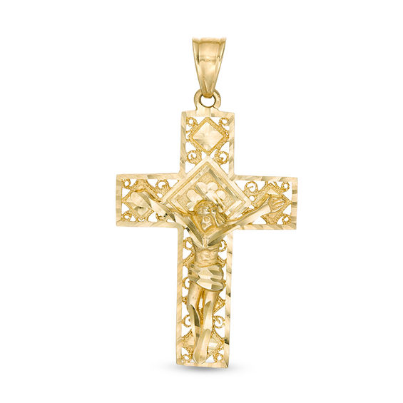 Diamond-Cut Ornate Cut-Out Crucifix Necklace Charm in 10K Gold