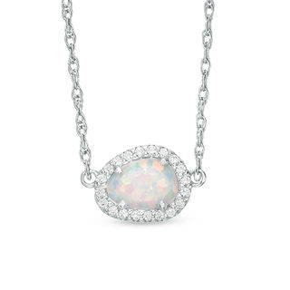 Sideways Abstract Pear-Shaped Lab-Created Opal and White Sapphire Frame Necklace in Sterling Silver