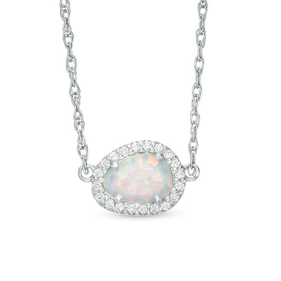 Sideways Abstract Pear-Shaped Lab-Created Opal and White Sapphire Frame Necklace in Sterling Silver
