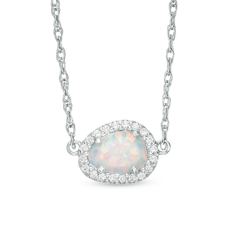 Sideways Abstract Pear-Shaped Lab-Created Opal and White Sapphire Frame Necklace in Sterling Silver