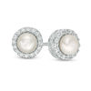 Thumbnail Image 1 of Button Freshwater Cultured Pearl and Lab-Created White Sapphire Infinity Ribbon Stud Earrings in Sterling Silver