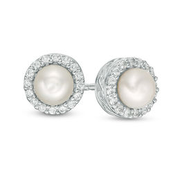 Button Cultured Freshwater Pearl and Lab-Created White Sapphire Infinity Ribbon Stud Earrings in Sterling Silver