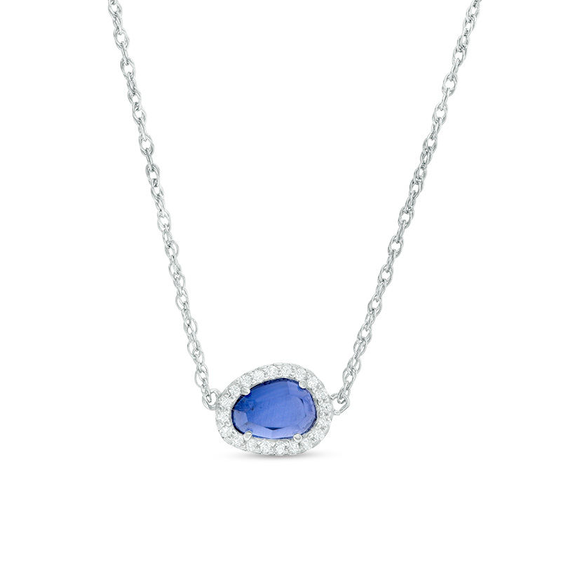 Main Image 1 of Sideways Abstract Pear-Shaped Lab-Created Blue and White Sapphire Frame Necklace in Sterling Silver