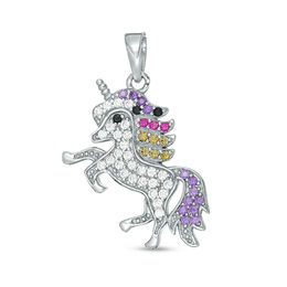 Sterling Silver CZ Multi-Color Prancing Unicorn Necklace Charm
