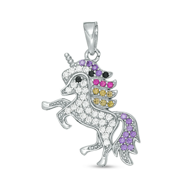 Multi-Color Cubic Zirconia Prancing Unicorn Necklace Charm in Solid Sterling Silver