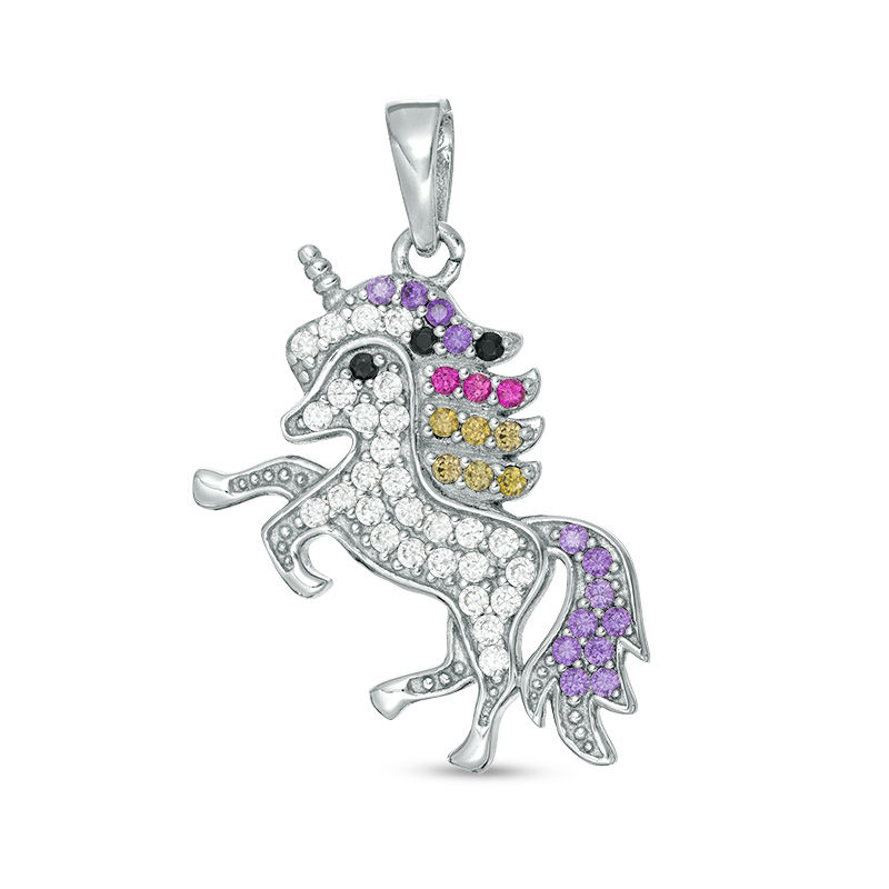 Main Image 1 of Sterling Silver CZ Multi-Color Prancing Unicorn Necklace Charm