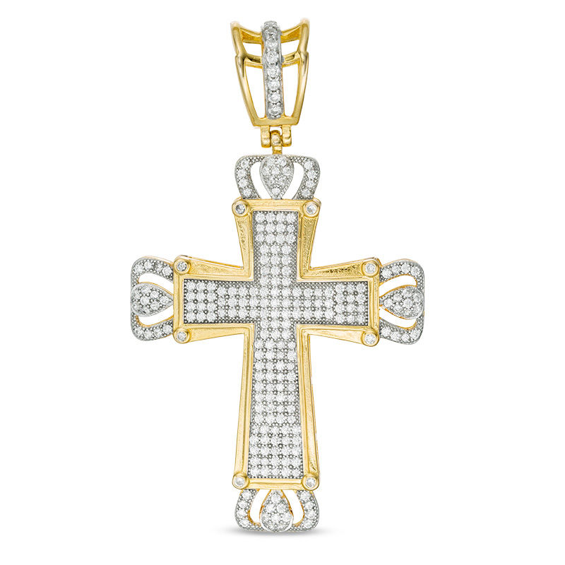 Cubic Zirconia Crown Accent Cross Necklace Charm in Yellow-Tone Sterling Silver