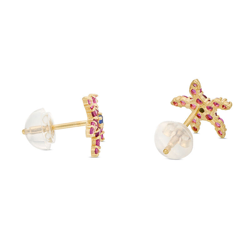 Red and Blue Cubic Zirconia Starfish Stud Earrings in 10K Gold