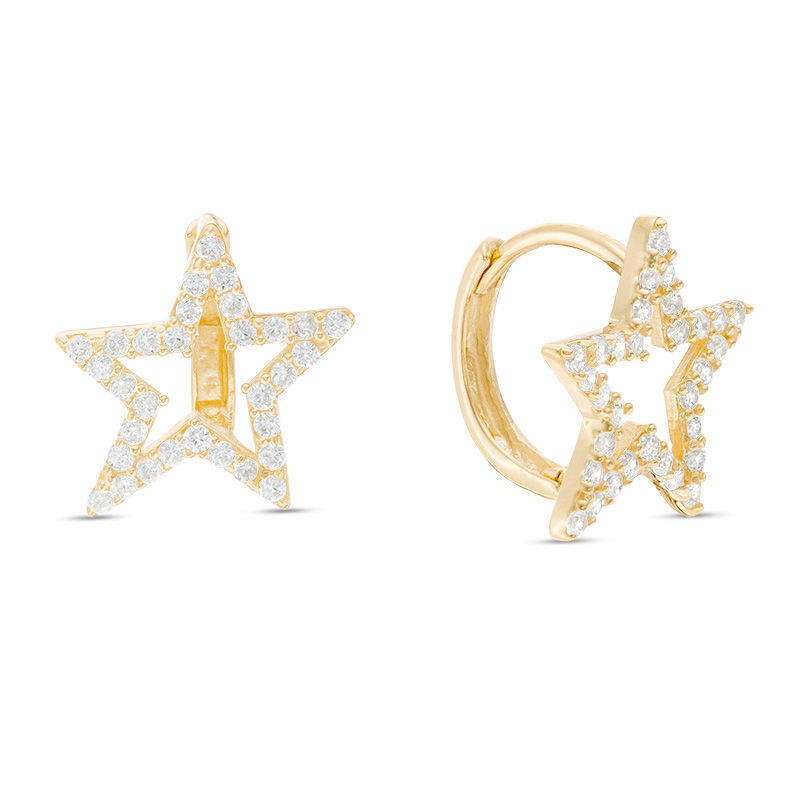 Main Image 1 of Cubic Zirconia Open Star Huggie Hoop Earrings in 10K Gold