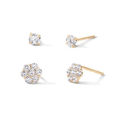 3mm Cubic Zirconia and Flower Cluster Stud Earrings Set in 10K Gold