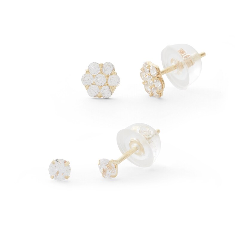 Main Image 1 of 3mm Cubic Zirconia and Flower Cluster Stud Earrings Set in 10K Gold