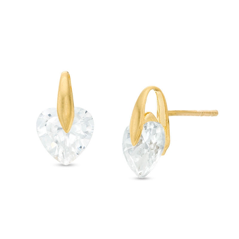 6mm Heart-Shaped Cubic Zirconia Solitaire Stud Earrings in 10K Gold