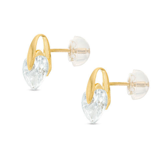 6mm Heart-Shaped Cubic Zirconia Solitaire Stud Earrings in 10K Gold
