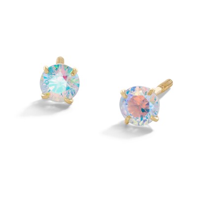 Child's 4mm Iridescent Crystal Solitaire Stud Earrings in 14K Gold