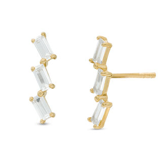 Emerald-Cut Cubic Zirconia Slanted Three Stone Crawler Earrings in 10K Gold