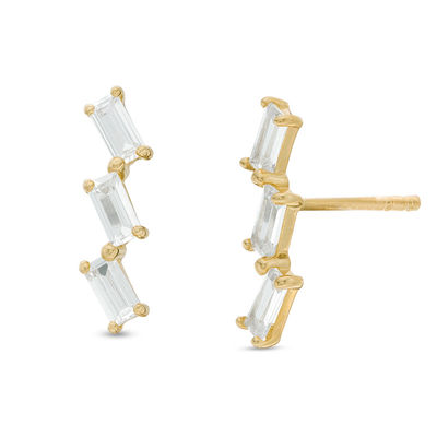 Emerald-Cut Cubic Zirconia Slanted Three Stone Crawler Earrings in 10K Gold