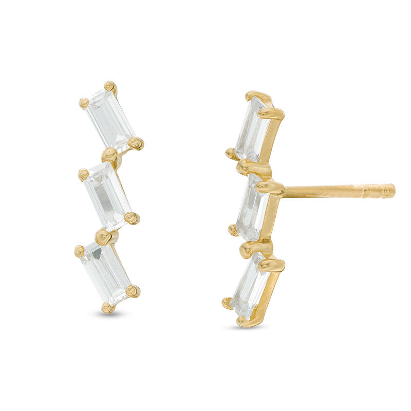 Main Image 1 of Emerald-Cut Cubic Zirconia Slanted Three Stone Crawler Earrings in 10K Gold