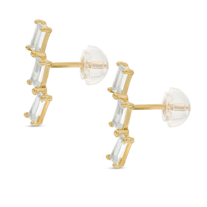 Main Image 2 of Emerald-Cut Cubic Zirconia Slanted Three Stone Crawler Earrings in 10K Gold