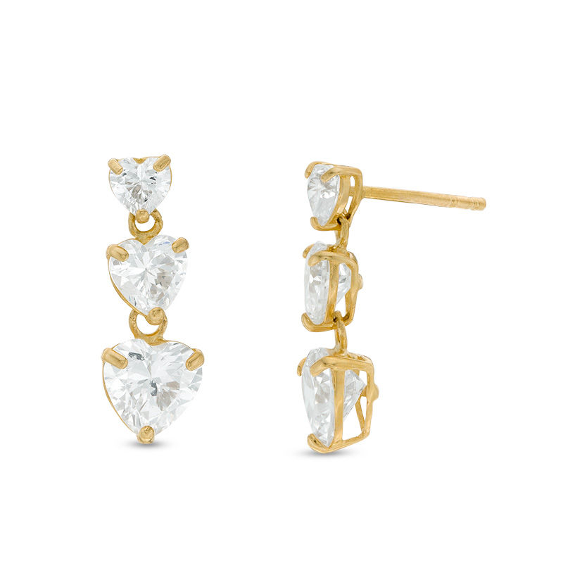 Main Image 1 of Heart-Shaped Cubic Zirconia Triple Drop Earrings in 10K Gold