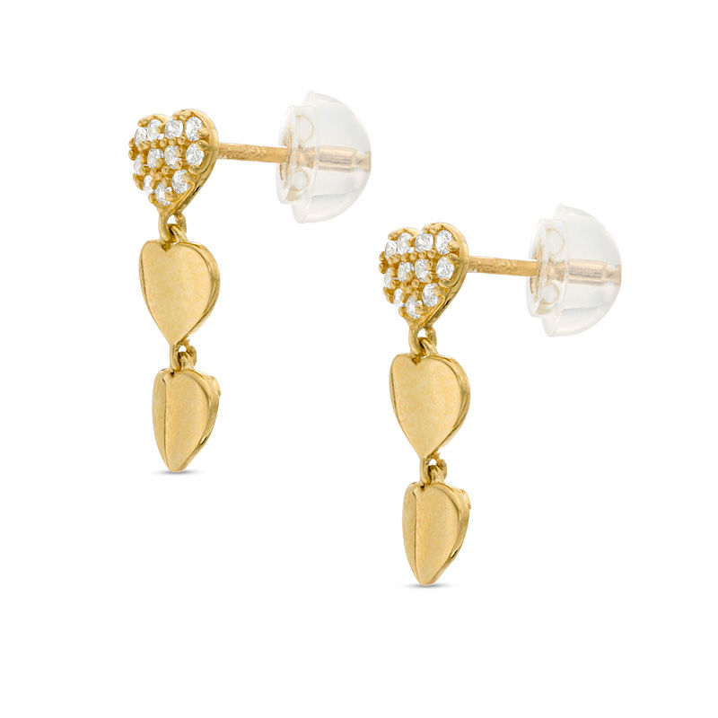 Cubic Zirconia and Puffed Heart Triple Drop Earrings in 10K Gold