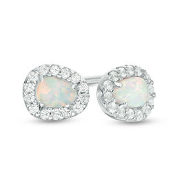 Pear-Shaped Lab-Created Opal and White Sapphire Frame Stud Earrings in Sterling Silver