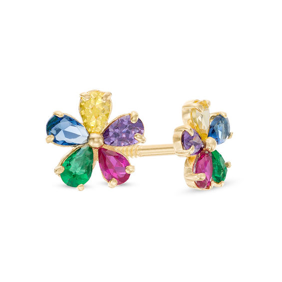 Child's Pear-Shaped Multi-Color Cubic Zirconia Flower Stud Earrings in 10K Gold